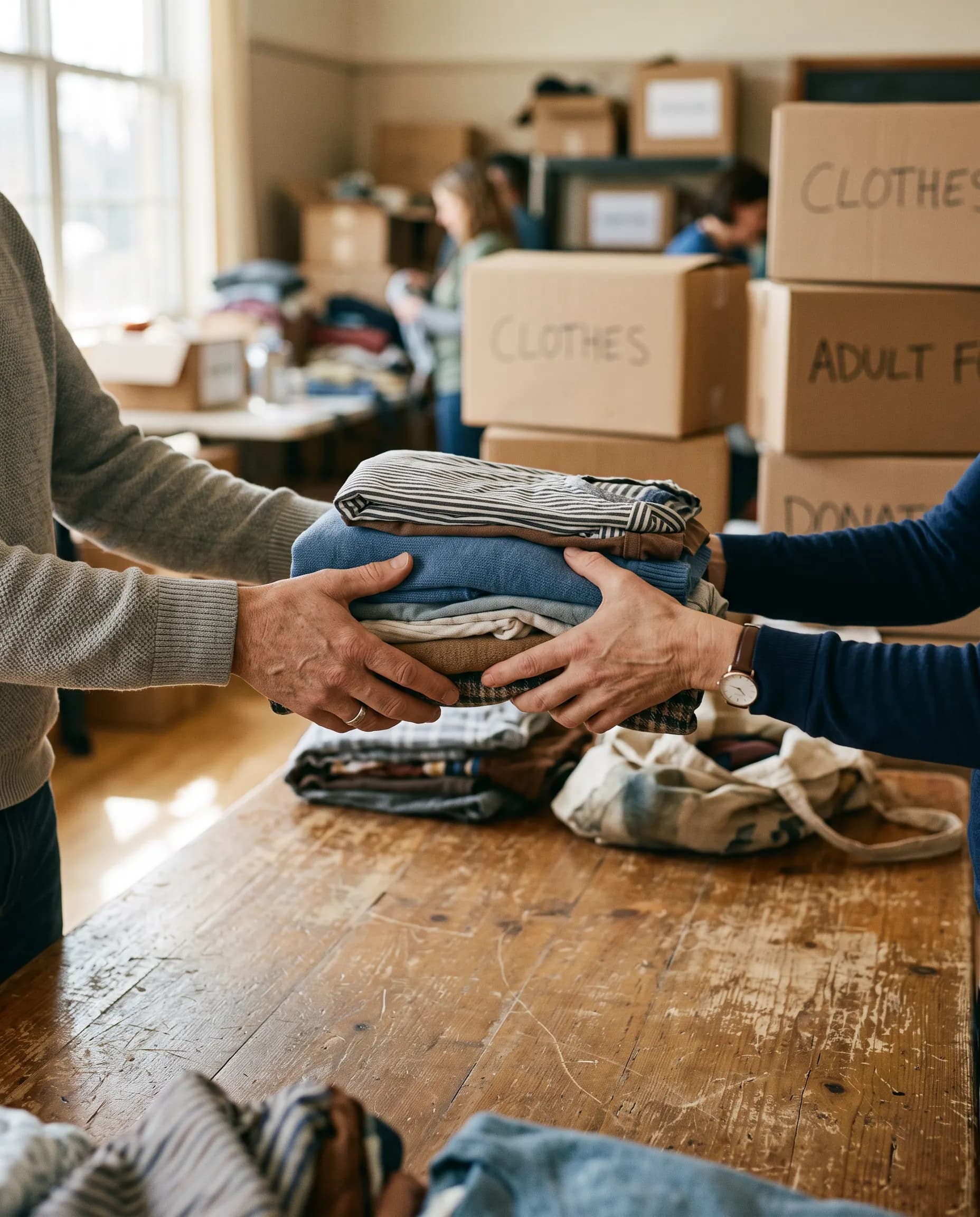 Hands passing folded clothing across a table at a donation drive