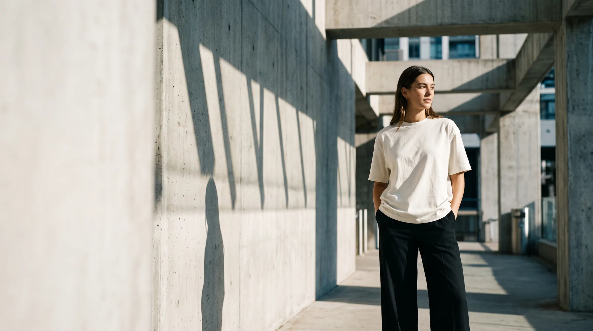 A woman in a bone-white tee in a sunlit concrete breezeway