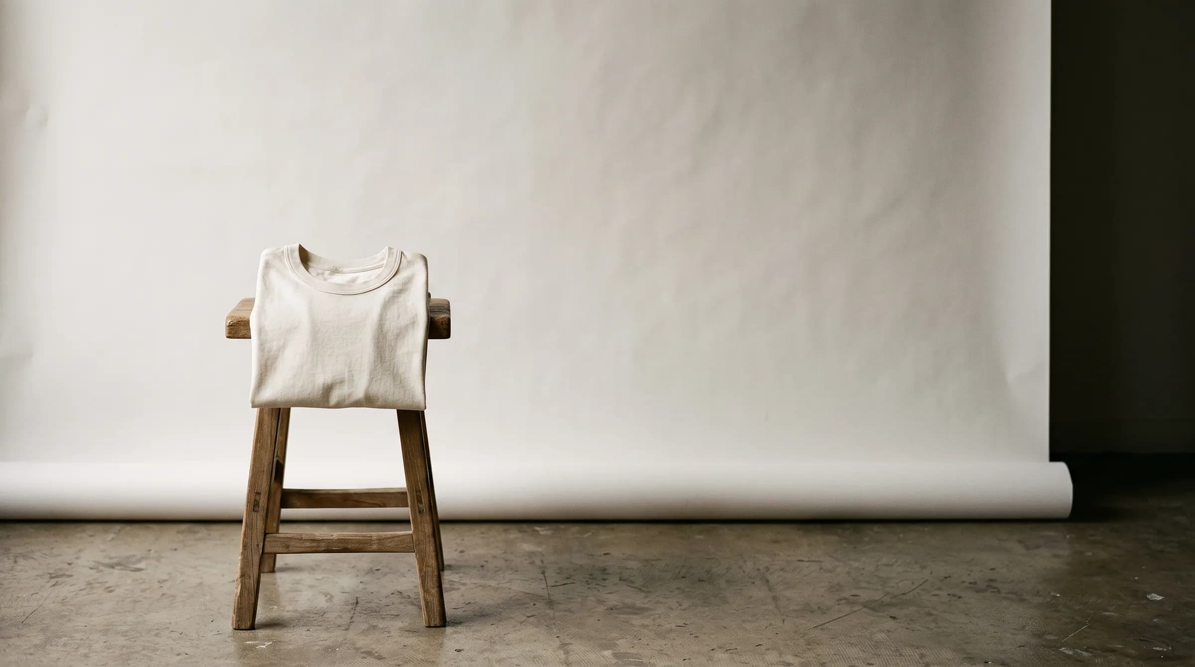 A folded tee on a stool in a minimal studio